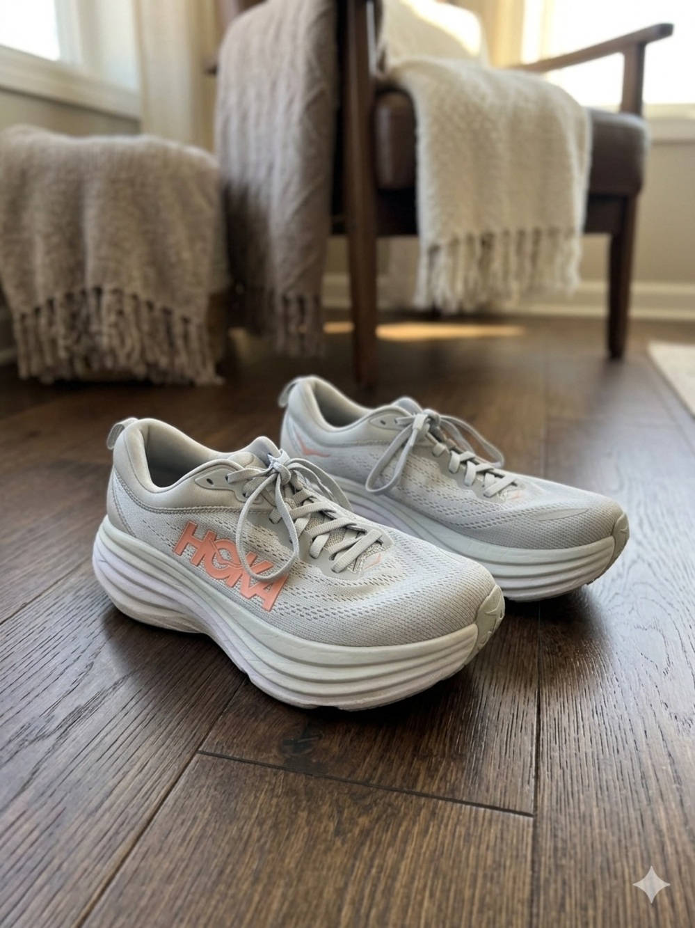 Hoka Women's Light Gray Sneakers with Pink Logo Accents